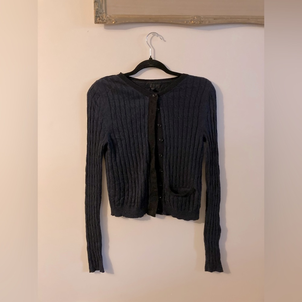 TopShop Navy & Black Cardigan 8% Angora Button Down Sweater Size 4 Preppy Cute